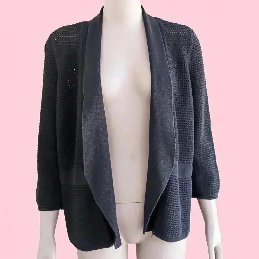 Black Open Front Cardigan Size Medium Mesh Knitted Cardigan Cropped Casual Work